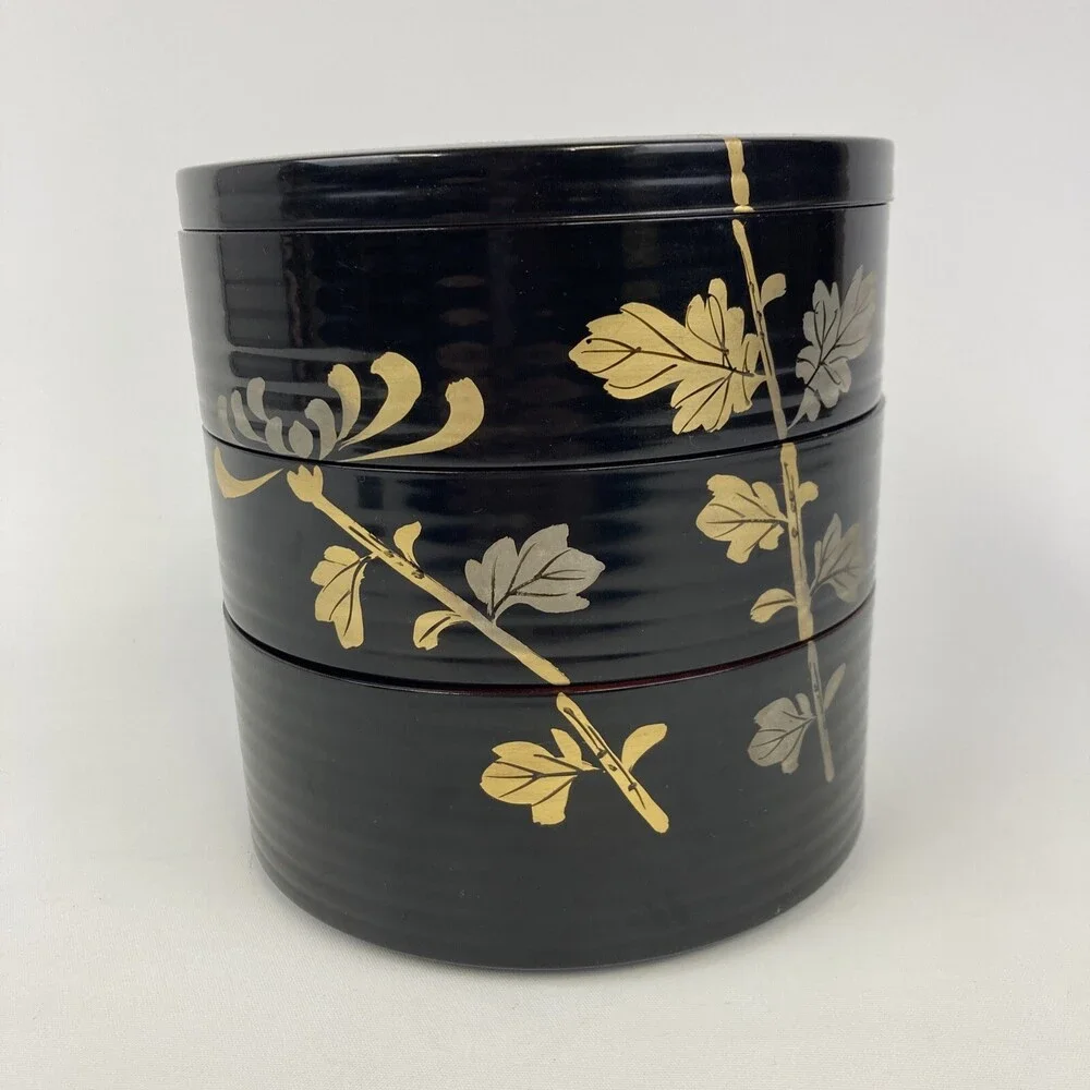 VTG Japan Round 3 Tier Floral Black Laquerware Plastic Trinket Box Lined